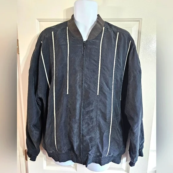 Genelli Mens L Bomber Jacket Black Silk White Stripe Zip Vintage 80s Minimalist - Picture 2 of 7